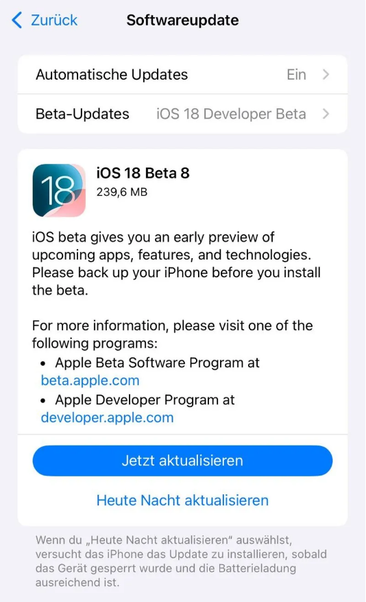 余庆苹果手机维修分享苹果 iOS / iPadOS 18 开发者预览版 Beta 8 发布 